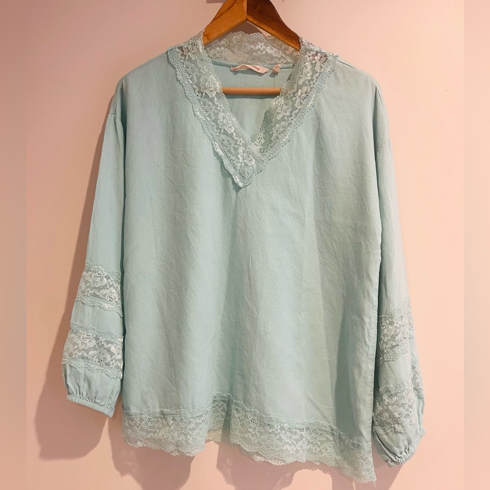 Soft Surroundings Aqua Blue Lace Long Sleeve Tunic Top Medium Turquoise V Neck